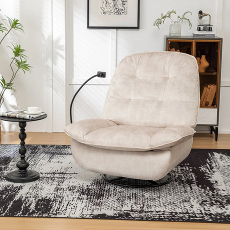 Modern Ivory Velvet Swivel Gliding Recliner Chair With Phone Holder - Omega Lifestyles