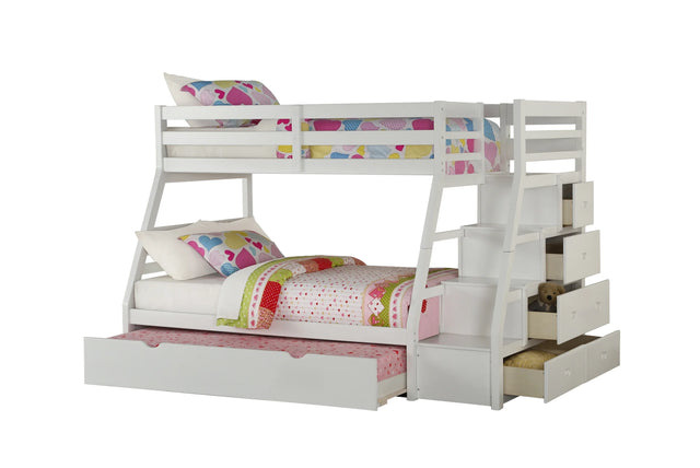 Twin Full White Synthetic Wood Bunk Bed With Trundle Storage - Omega Lifestyles