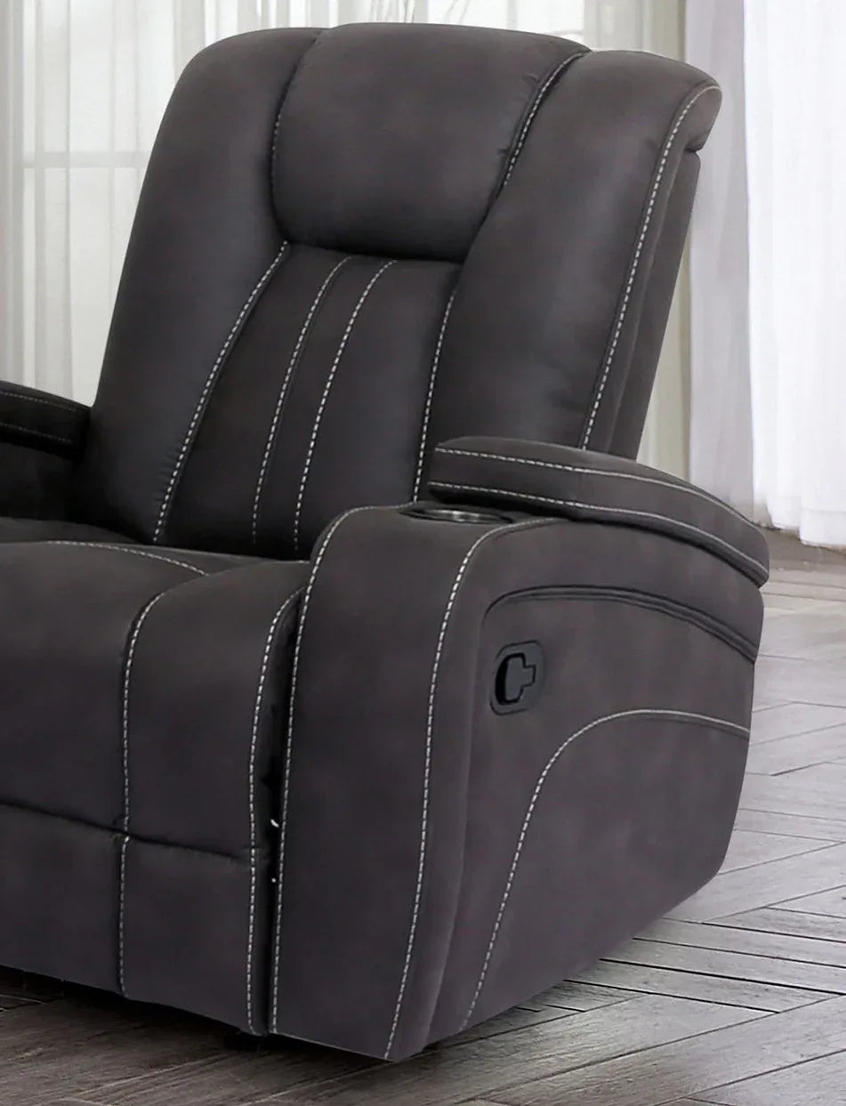 Transitional Dark Gray Fabric Glider Recliner With Cup Holders - Omega Lifestyles