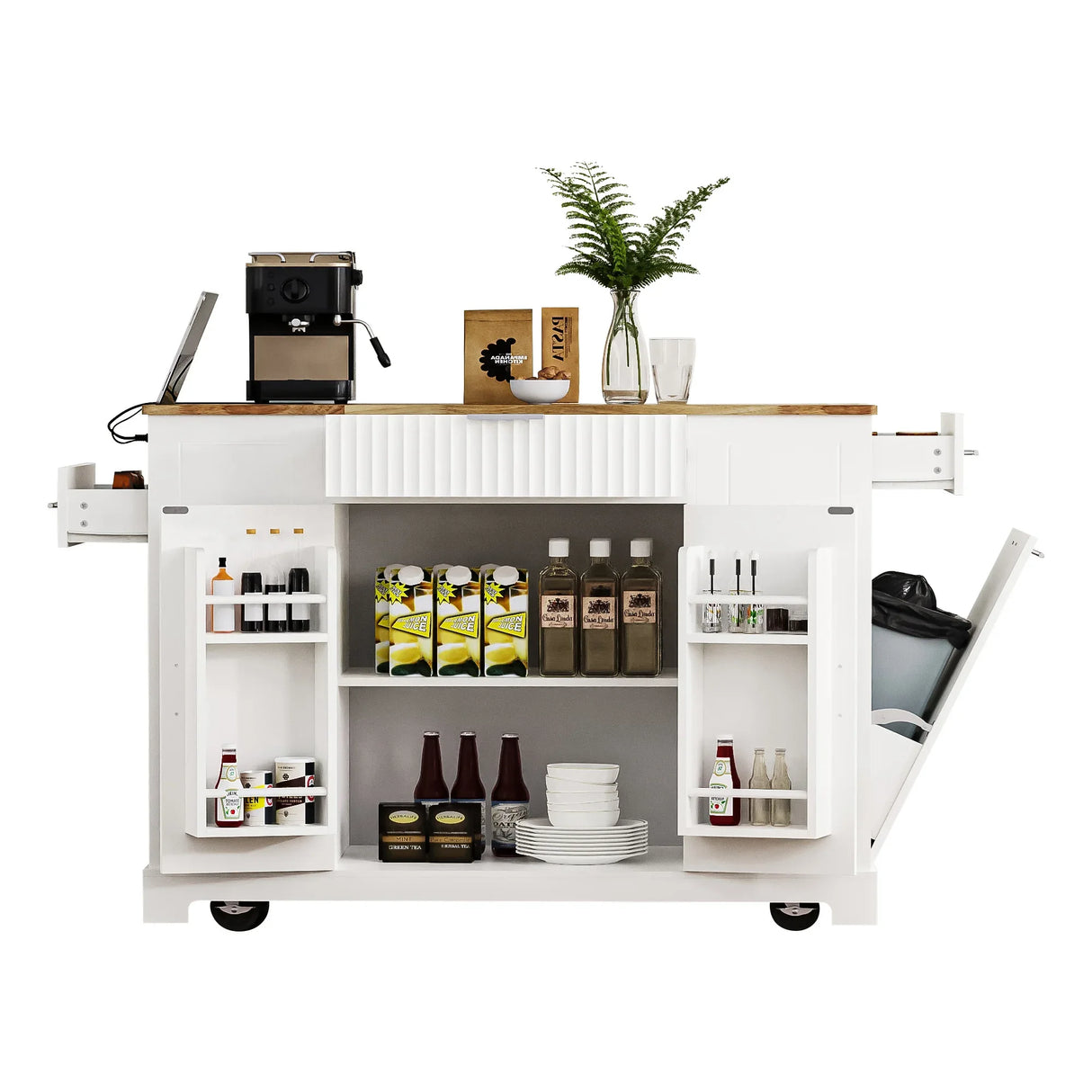 Fluted Rubber Wood Kitchen Island With Tilt-Out Trash Can - Omega Lifestyles