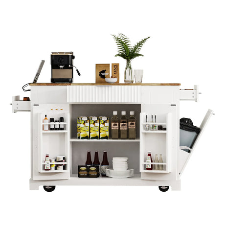 Fluted Rubber Wood Kitchen Island With Tilt-Out Trash Can - Omega Lifestyles