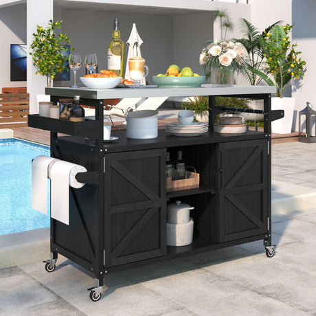 Farmhouse Solid Fir Wood Outdoor Kitchen Island Cart - Omega Lifestyles