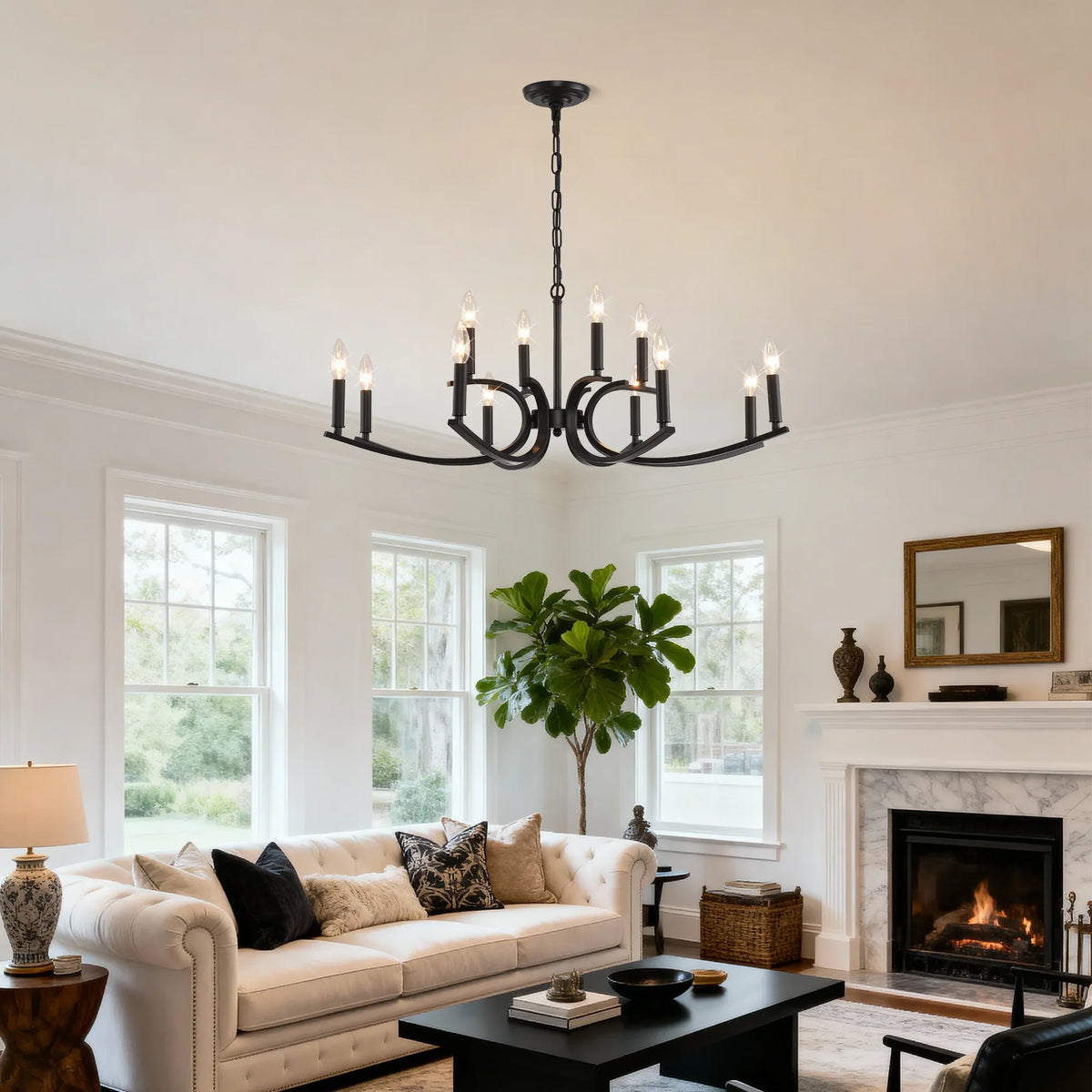 12-Light Matte Black Farmhouse Metal Chandelier Adjustable Height - Omega Lifestyles