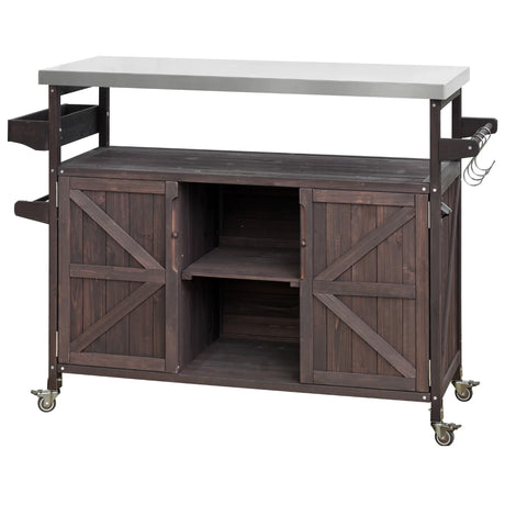 Farmhouse Solid Fir Wood Outdoor Bar Cart With Stainless Steel Top - Omega Lifestyles