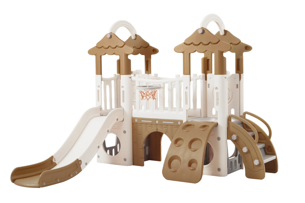 8-in-1 Toddler Freestanding Slide Climber Playset Brown - Omega Lifestyles