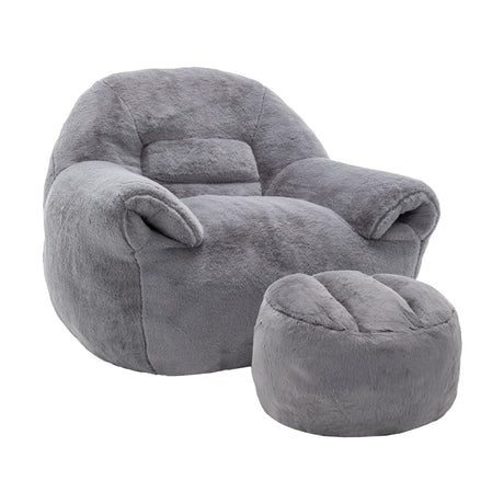 Faux Fur High-Density Foam Bean Bag Chair With Footstool - Omega Lifestyles