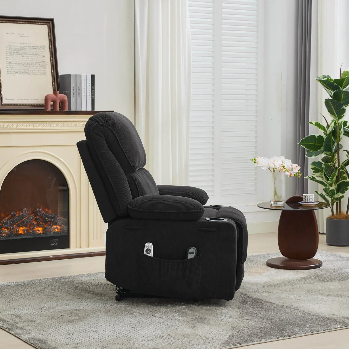 Medium-Firm Corduroy Remote-Controlled Heating Massage Recliner - Omega Lifestyles