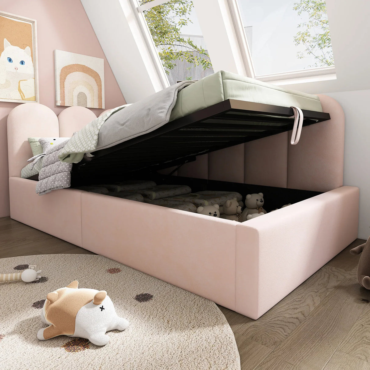 Pink Velvet Upholstered Twin Storage Daybed With Metal Frame - Omega Lifestyles