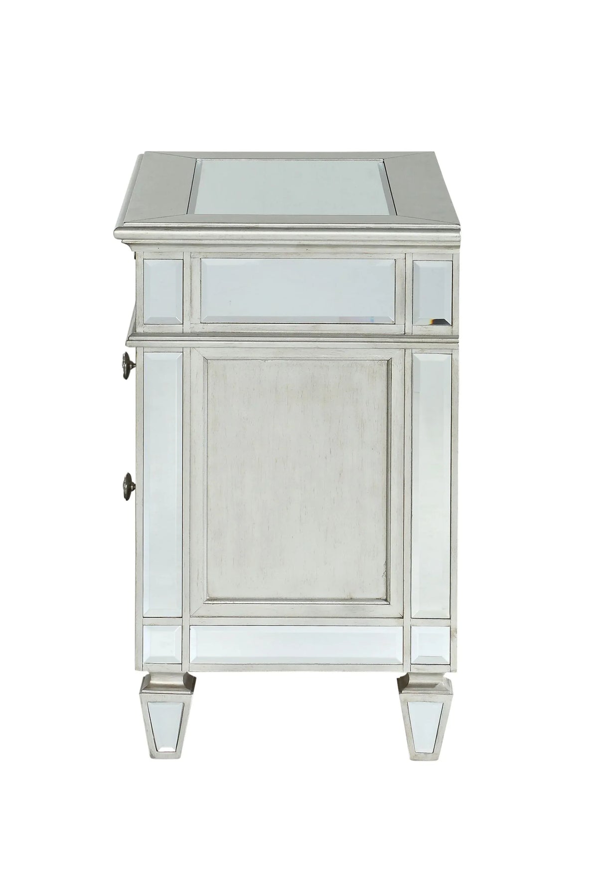 Mirrored Silver Nightstand With Geometric Raised Trim - Omega Lifestyles