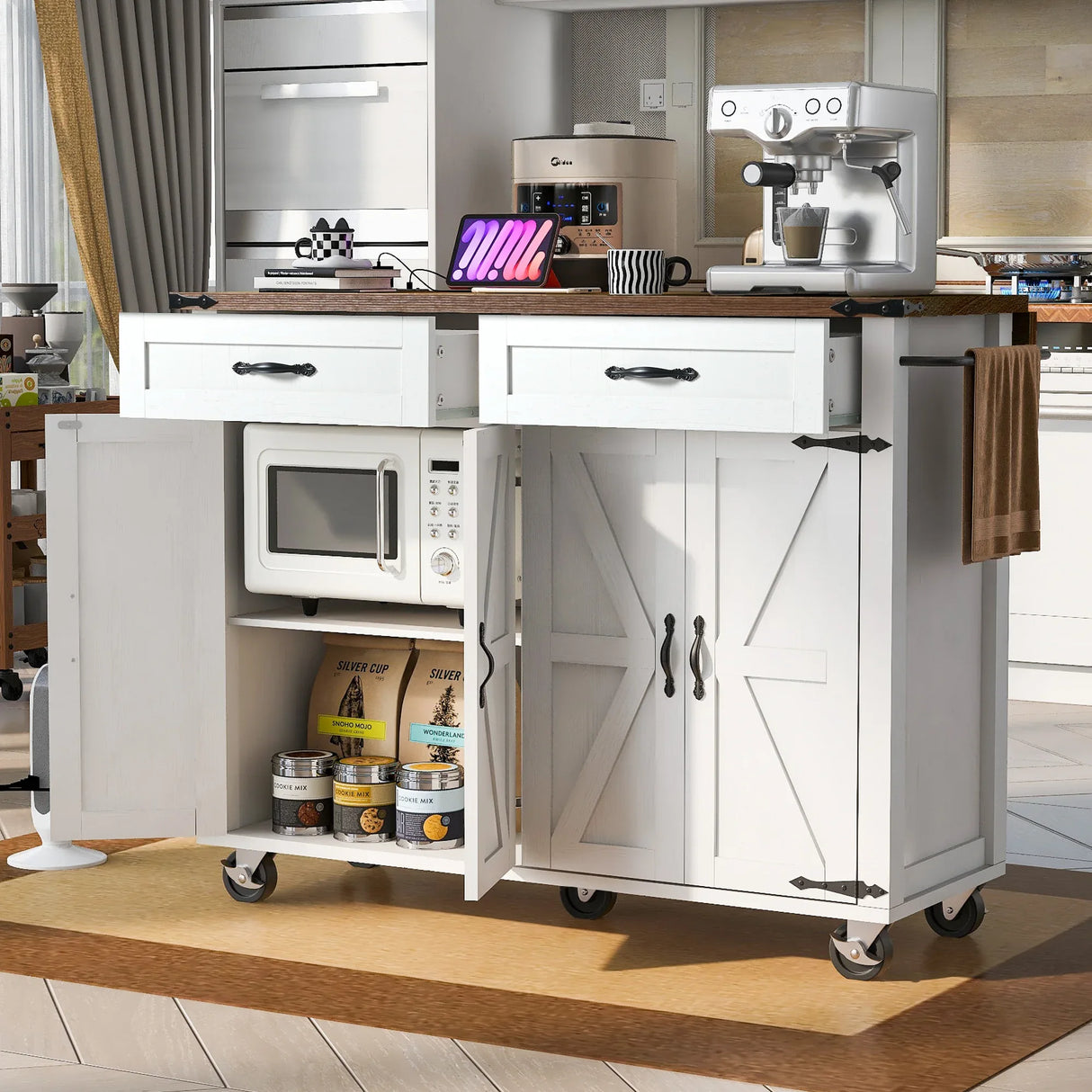 Farmhouse Style Rolling Kitchen Island With Power Outlet - Omega Lifestyles