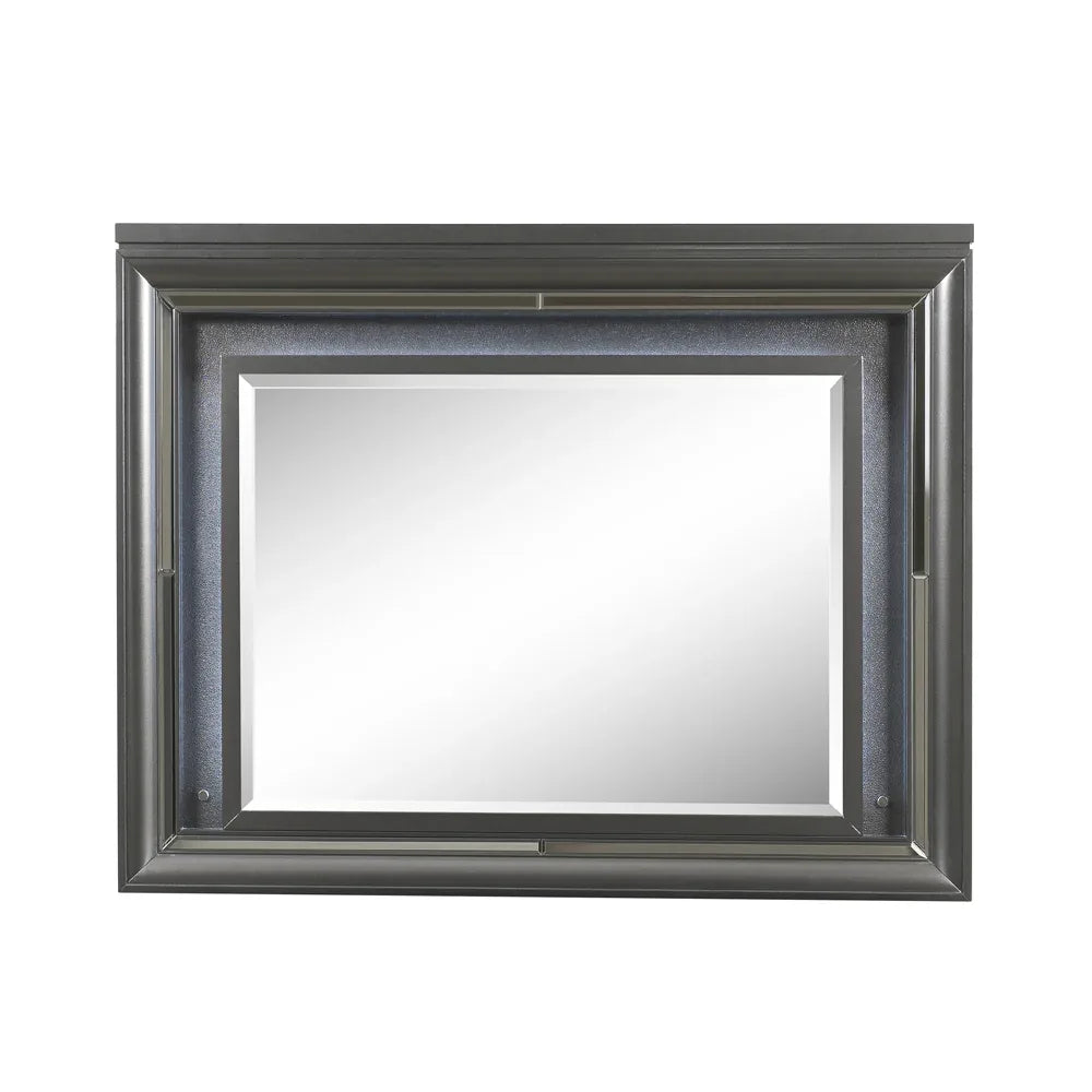 LED Gray Framed Wall Mirror With Beveled Edge Lighting - Omega Lifestyles