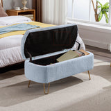 Blue Faux Fur Upholstered Storage Bench With Gold Legs - Omega Lifestyles