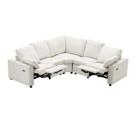 Beige Linen Fabric Power Recliner Sectional Sofa With USB Ports - Omega Lifestyles