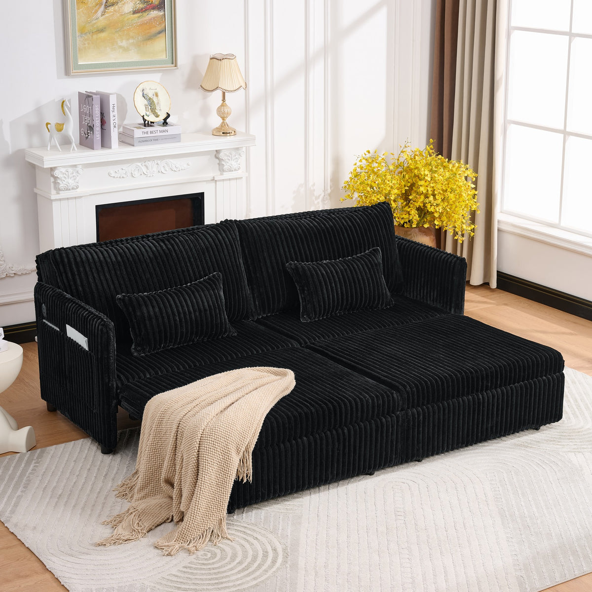 Full Plush Corduroy Convertible Sofa Bed With USB Ports