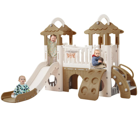 8-in-1 Toddler Freestanding Slide Climber Playset Brown - Omega Lifestyles