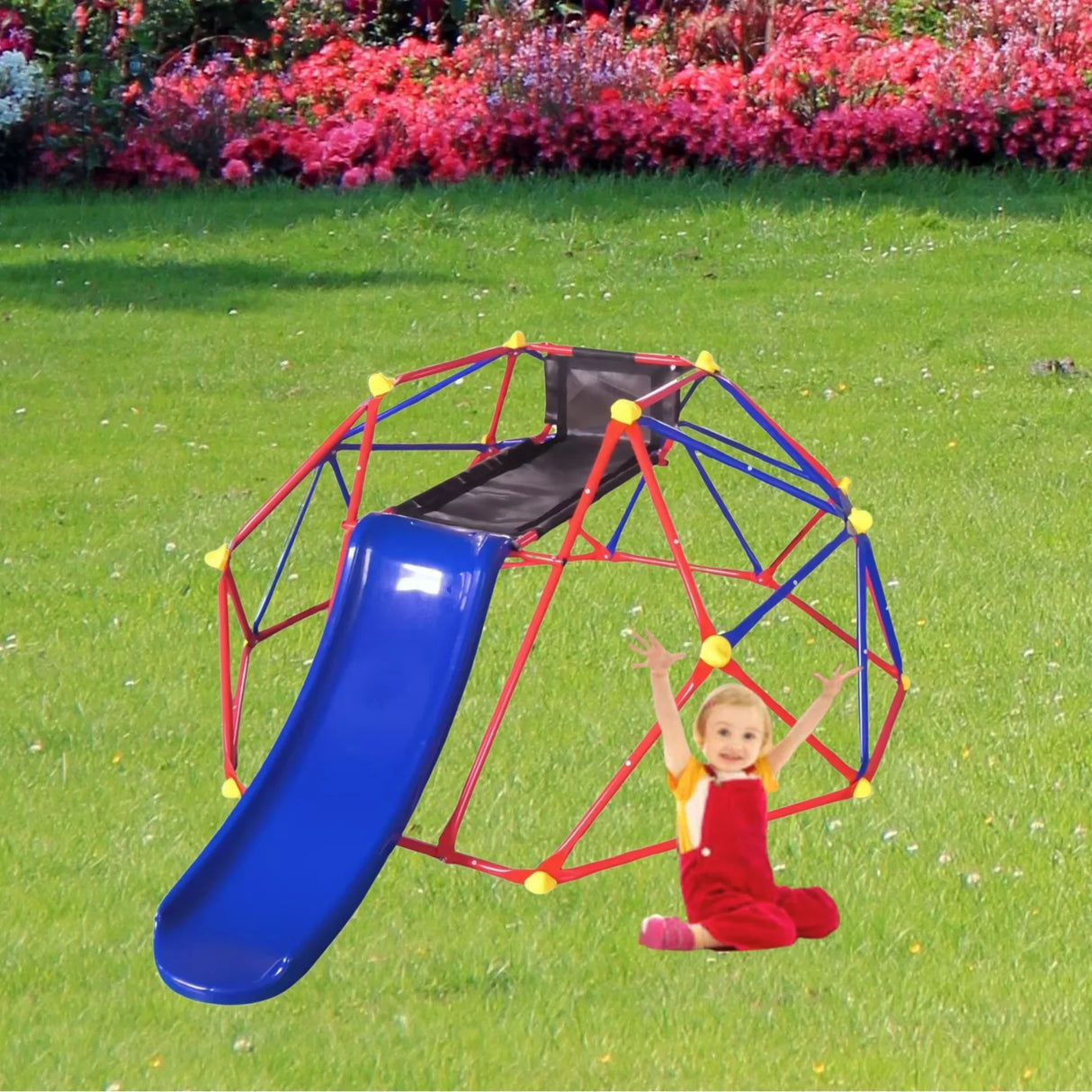 Metal Outdoor Dome Climber With Slide And Climbing Stones - Omega Lifestyles