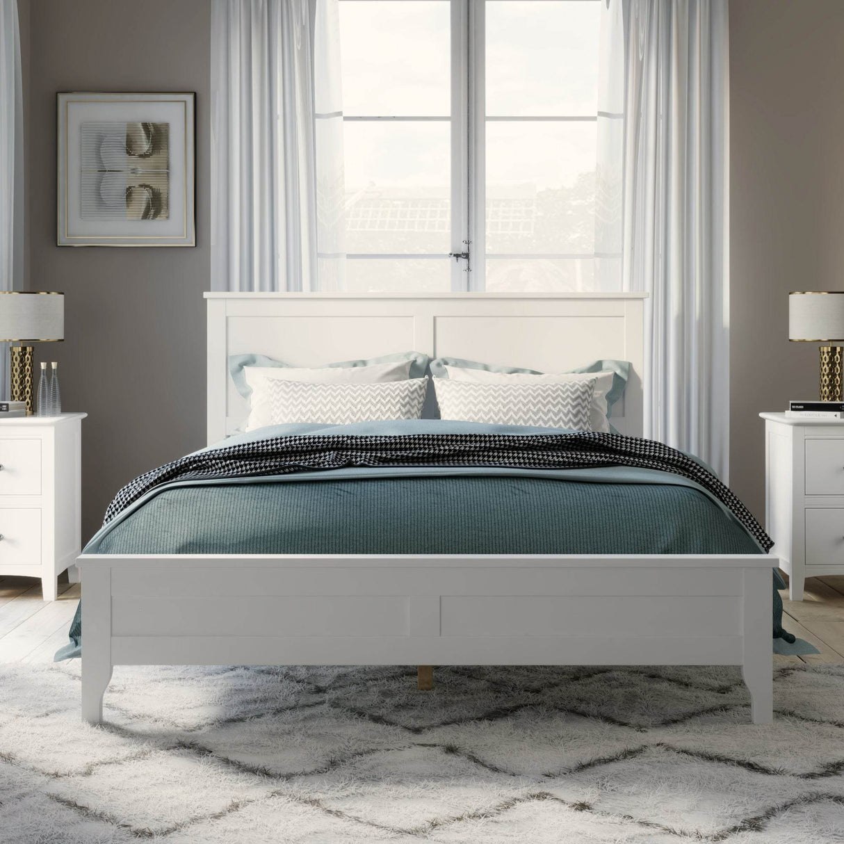 Queen White Solid Wood Pine Platform Bed Frame