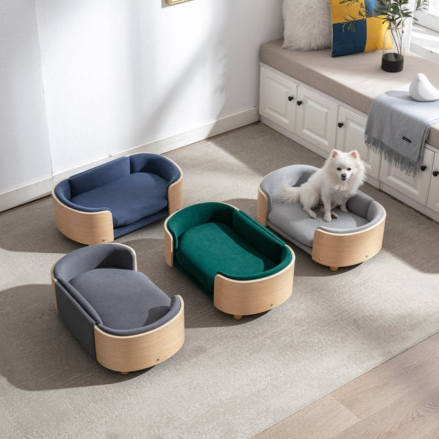 Scandinavian Style Solid Wood Elevated Pet Bed With Velvet Cushion - Omega Lifestyles