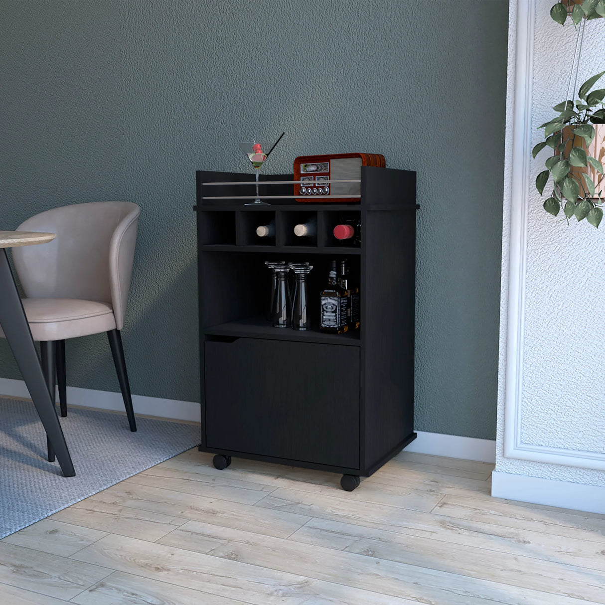 Modern Black Particle Board Bar Cart With Wine Rack - Omega Lifestyles