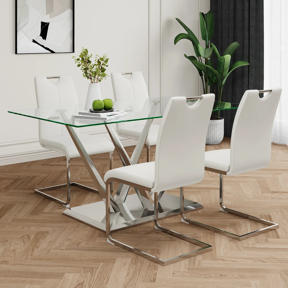 Modern Glass Dining Table With Stainless Steel Base Set - Omega Lifestyles