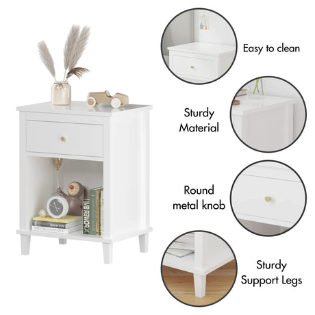 White MDF Kids Wooden Nightstand With Drawer Shelf - Omega Lifestyles