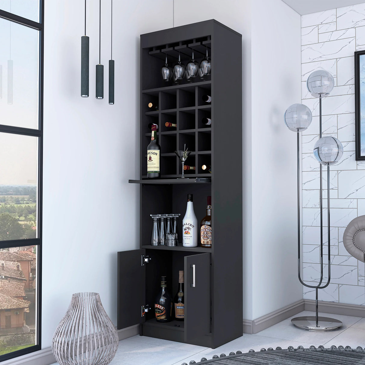 Black Particle Board Bar Cabinet With Wine Rack - Omega Lifestyles