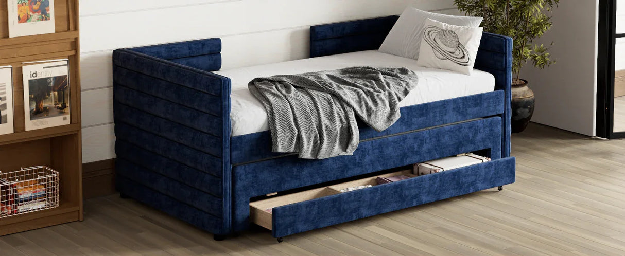 Twin Upholstered Daybed With Trundle And Storage Drawers - Omega Lifestyles