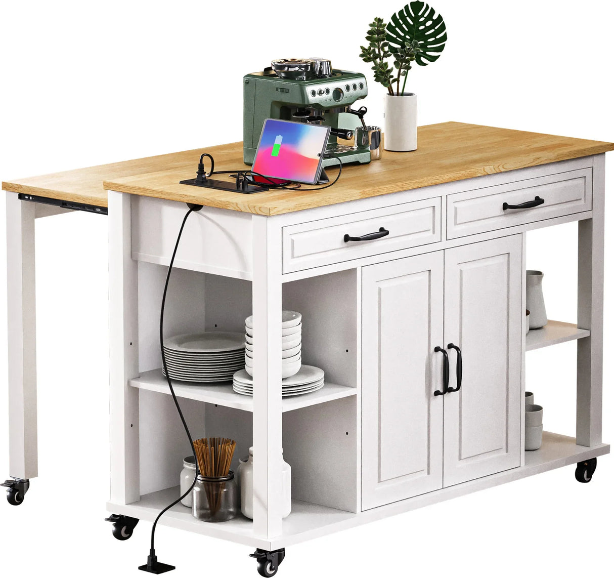 47-Inch Extendable Rubber Wood Veneer Kitchen Island - Omega Lifestyles