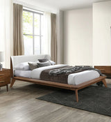 Queen Mid-Century Modern Walnut Fabric Winged Edge Bed Frame - Omega Lifestyles