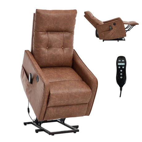 Brown Faux Leather Power Lift Recliner Chair With Massage Heat - Omega Lifestyles