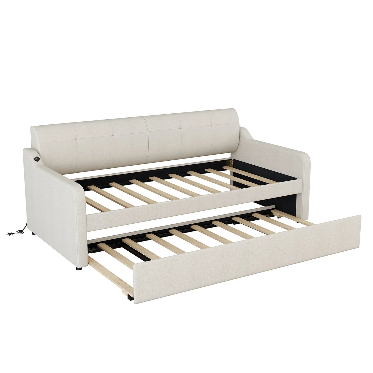 Twin Beige Upholstered Daybed With Trundle And USB Charging - Omega Lifestyles