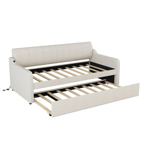 Twin Beige Upholstered Daybed With Trundle And USB Charging - Omega Lifestyles