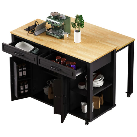 Extendable Rubber Wood Veneer Kitchen Island Cart - Omega Lifestyles