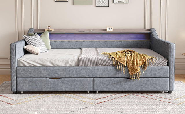 Twin Linen Upholstered Daybed Frame With Storage Drawers - Omega Lifestyles