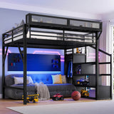Queen Metal Loft Bed With Storage Stairs USB LED Lighting - Omega Lifestyles