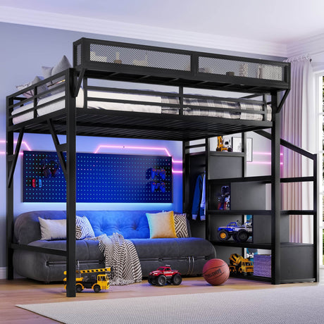 Queen Metal Loft Bed With Storage Stairs USB LED Lighting - Omega Lifestyles