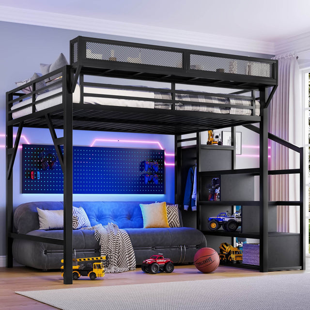Queen Metal Loft Bed With Storage Stairs USB LED Lighting - Omega Lifestyles
