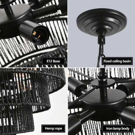 Rustic 4-Tier Black Hemp Rope Pendant Light Chandelier - Omega Lifestyles