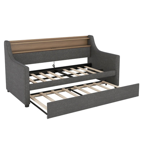 Twin Linen Upholstered Daybed With Trundle Charging Station - Omega Lifestyles