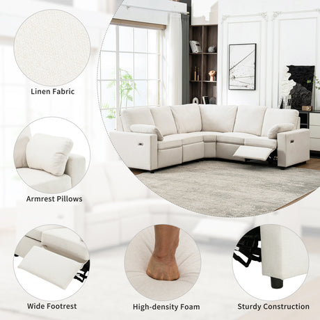 Beige Linen Fabric Power Recliner Sectional Sofa With USB Ports - Omega Lifestyles