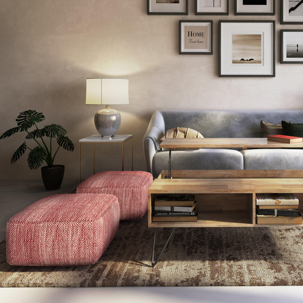 Maroon Mélange Upholstered Square Fabric Pouf Ottoman - Omega Lifestyles