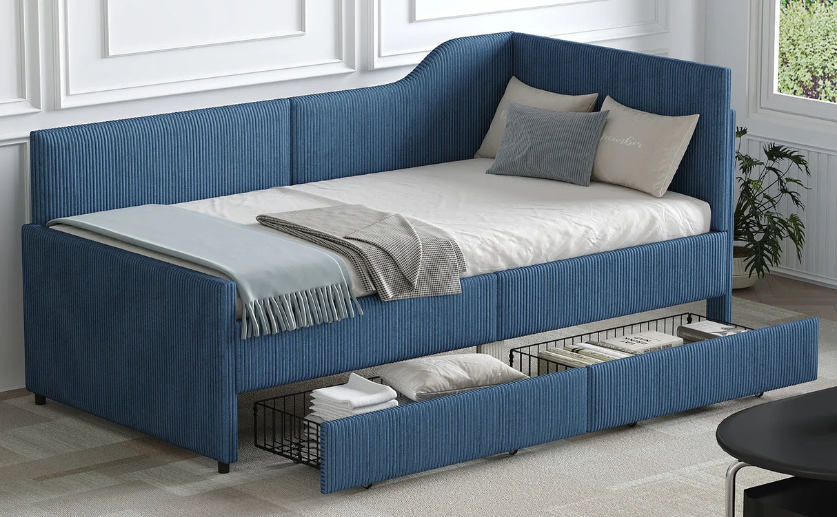 Twin L-Shaped Upholstered Corduroy Daybed With Drawers - Omega Lifestyles
