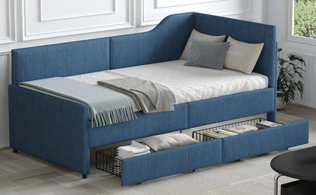 Twin L-Shaped Upholstered Corduroy Daybed With Drawers - Omega Lifestyles