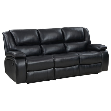 Black Upholstered Motion Reclining Sofa With Pillow Arms - Omega Lifestyles