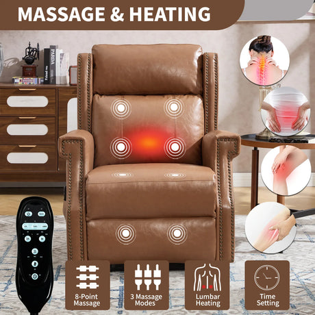 Camel Faux Leather Manual Recliner Chair With Massage Heat - Omega Lifestyles