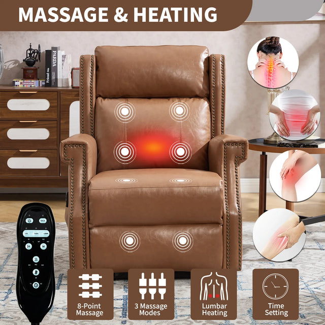 Camel Faux Leather Manual Recliner Chair With Massage Heat - Omega Lifestyles