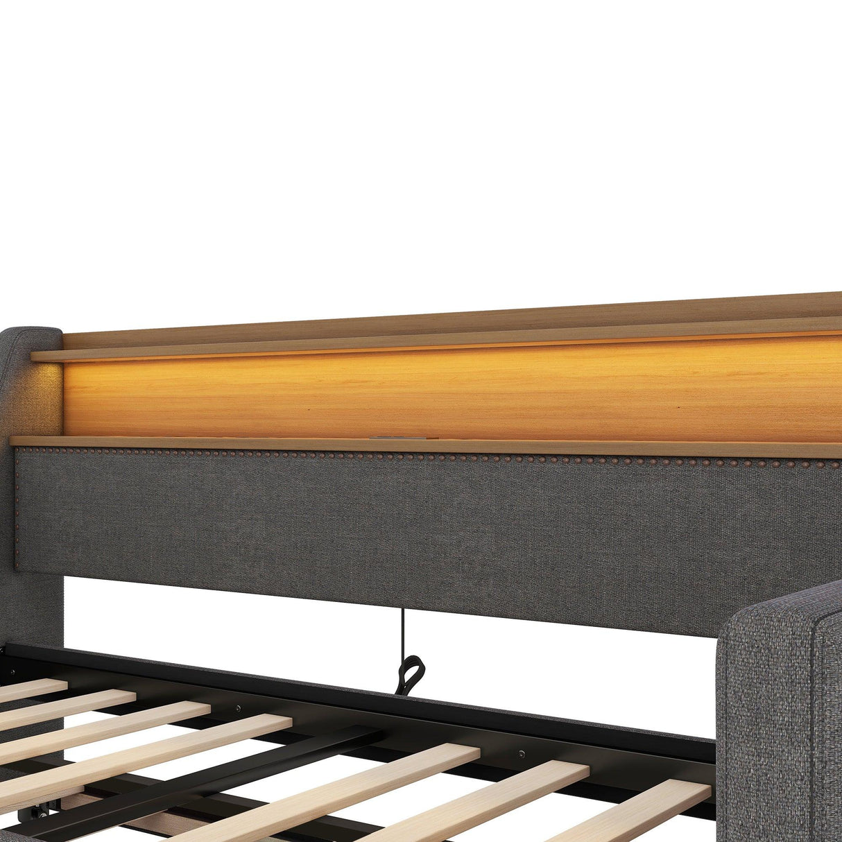 Twin Linen Upholstered Daybed With Trundle Charging Station - Omega Lifestyles