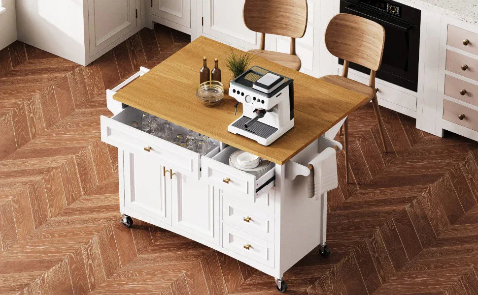 Classic Vintage Embossed White Kitchen Island On Wheels - Omega Lifestyles