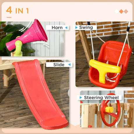 Wooden 4-in-1 Kids Swing Set With Slide And Horn - Omega Lifestyles