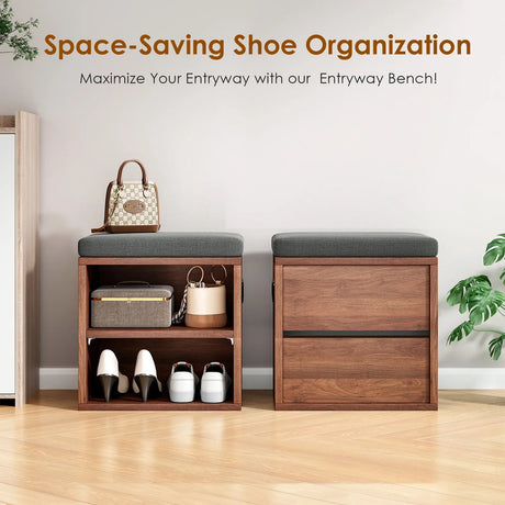 Walnut Wood Small Shoe Storage Bench With Cushion Seating - Omega Lifestyles